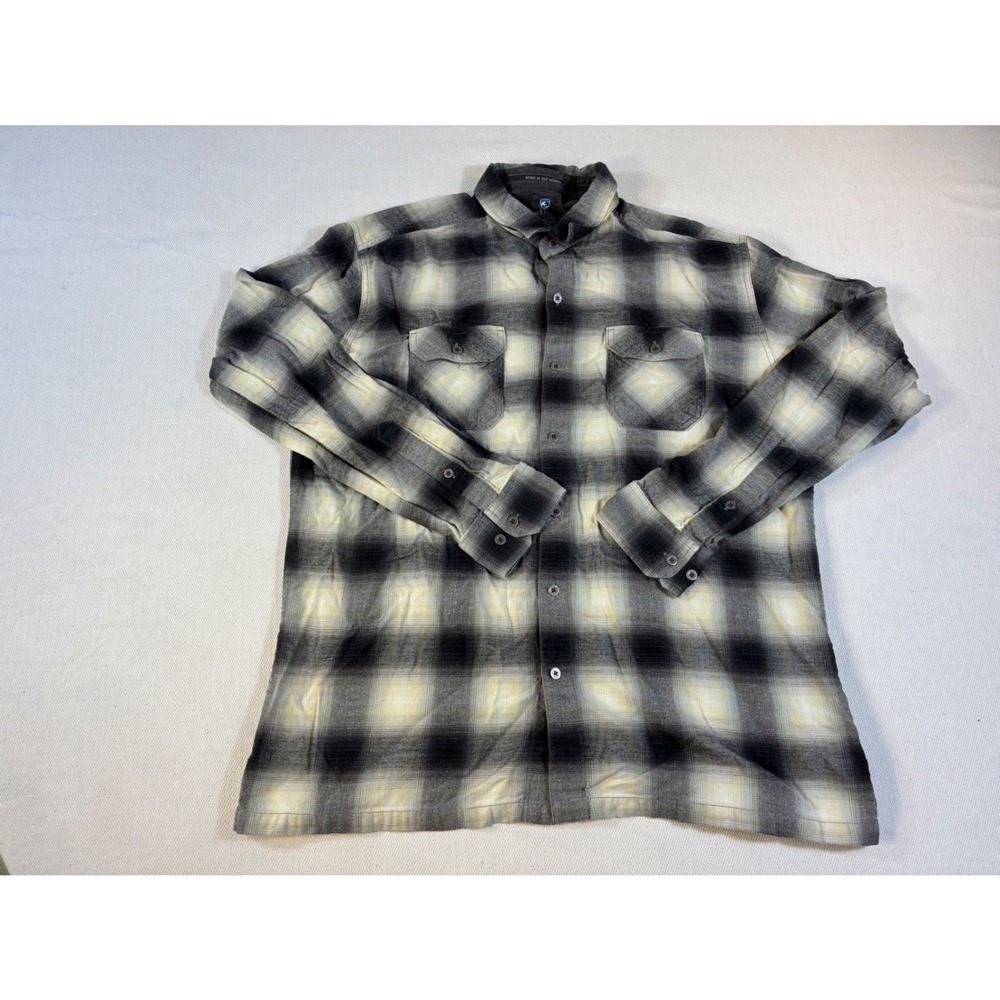 Kuhl Mens XL Flannel Shirt Black Grey‎ Plaid Cotton Tencel Long Sleeve